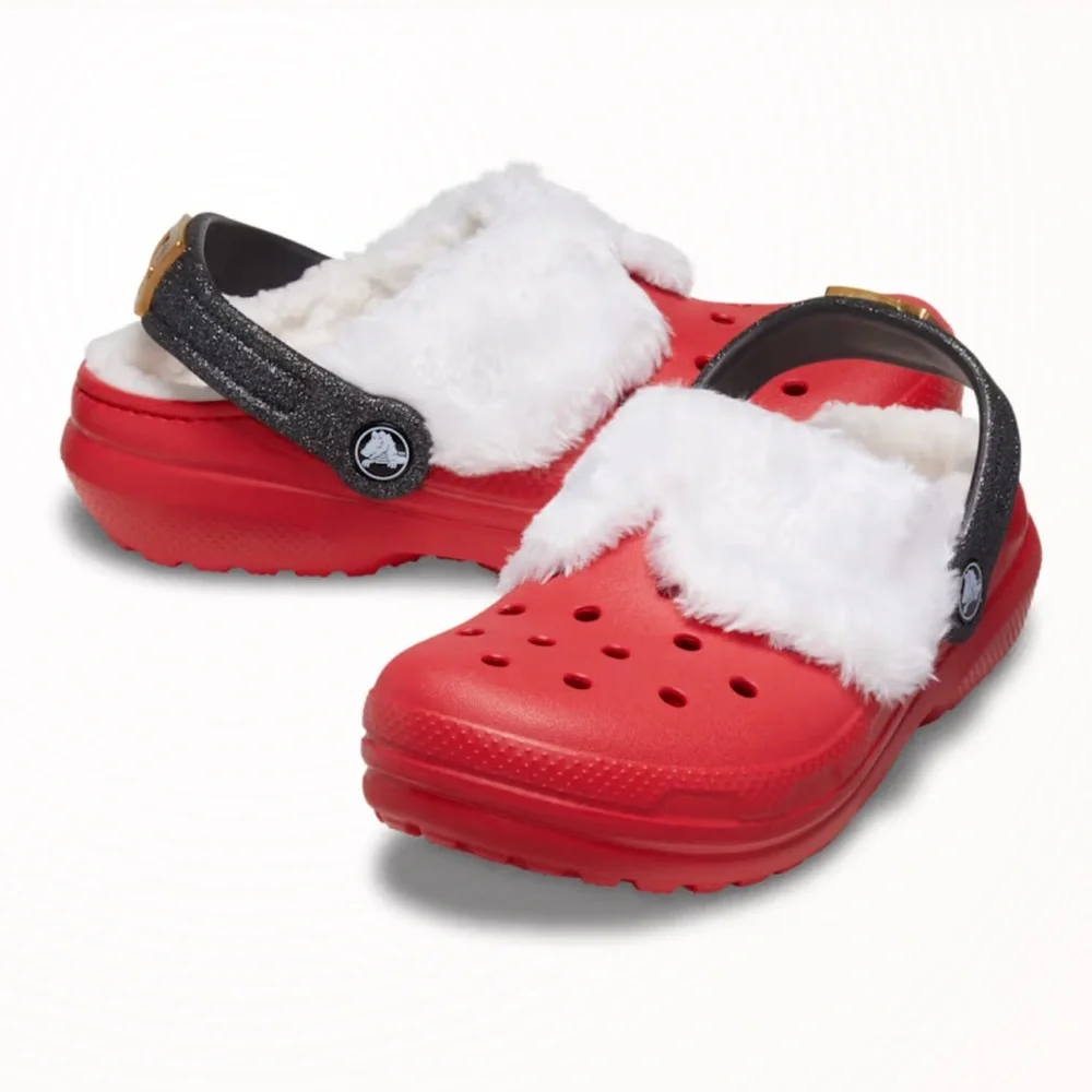 CROCS Classic Lined Santa Christmas Red Clogs White Lining and Black Strap J2